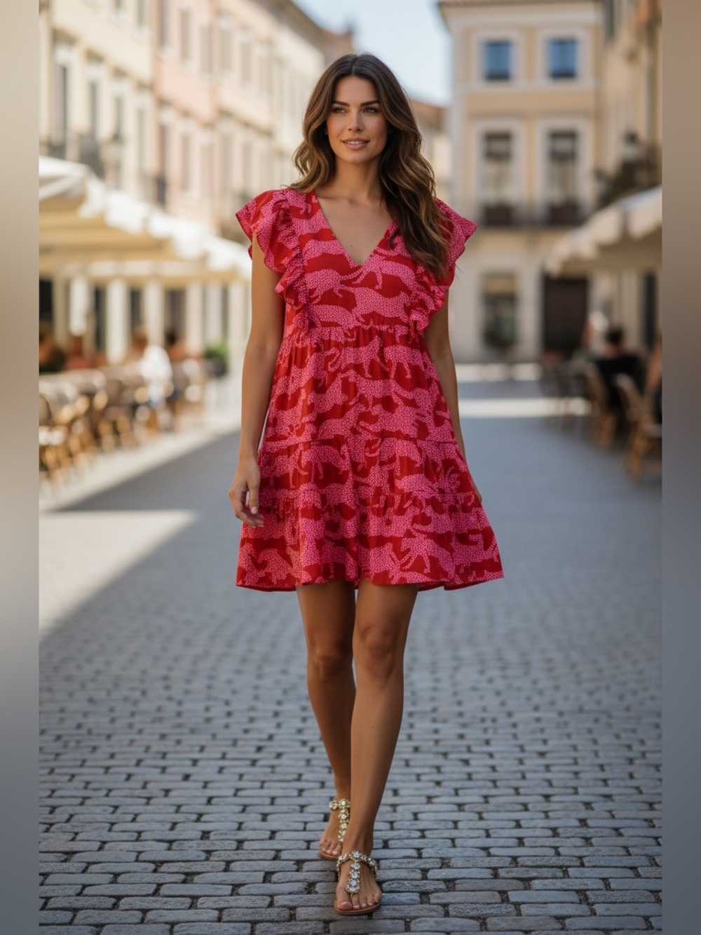 CROSBY by Mollie Burch Pink and Brown Printed Ruffle Sleeve Dress